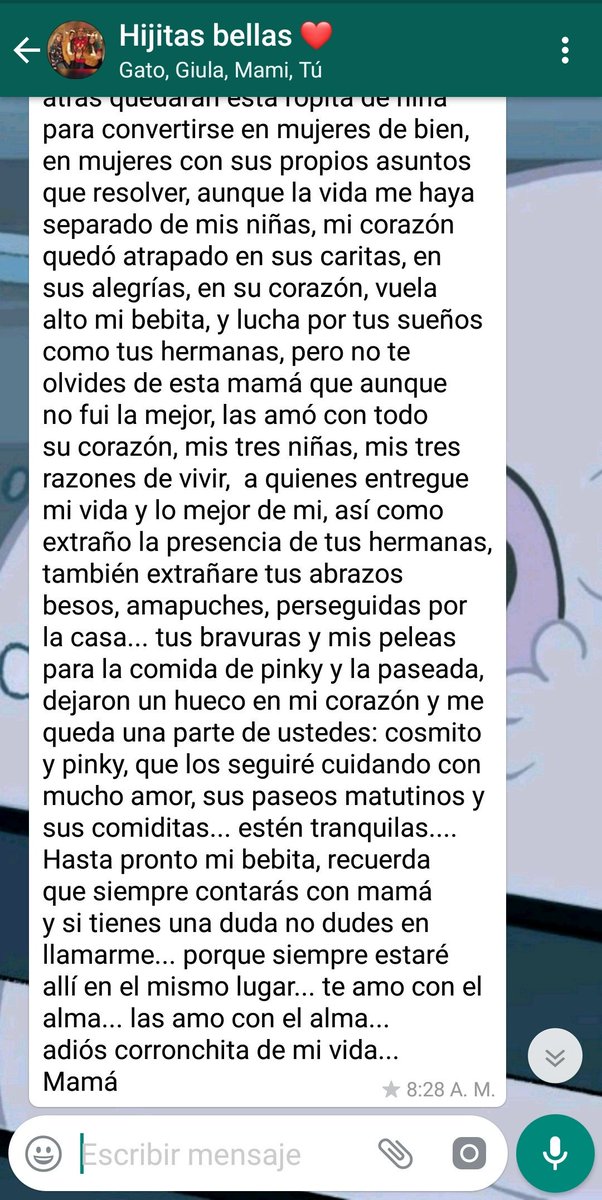 Mi hermana menor se va hoy del país... Era la última que quedaba de las tres en Venezuela. Mi mamá para despedirla envió este texto al grupo...
Todos los días miro al cielo y me pregunto llorando por qué nos tocó vivir esto.

Maldito comunismo.