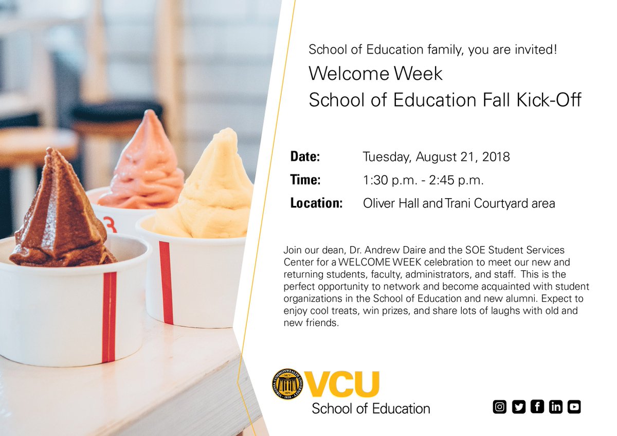 vcusoe's tweet image. The perfect chance to network and get to know student organizations in the School of Education. Join us for cool treats, laughs, and prizes!

#VCUSOE #Get2KnowSOE #VCUwelcomeweek