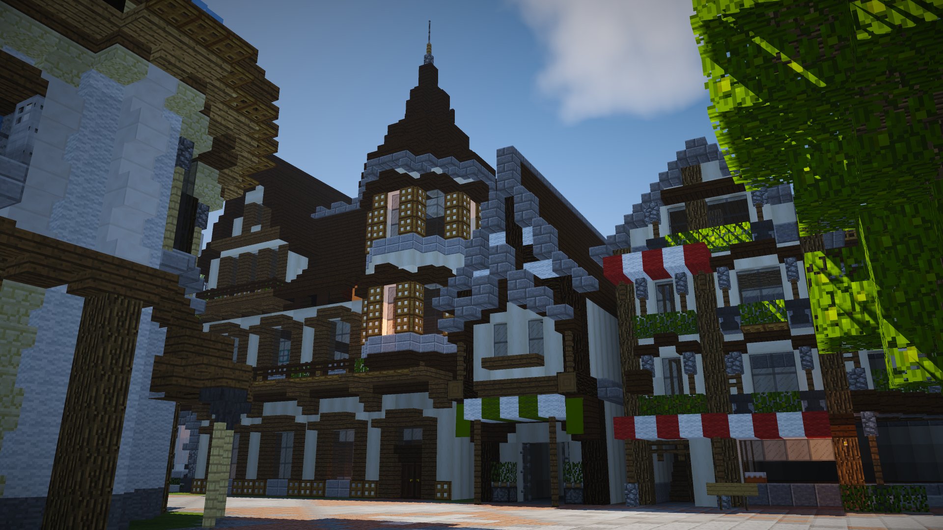 だんぼーる Cardboardman マイクラ建築勉強会 すごい勢いでクオリティの高い建物ができてきているので主催者としては嬉しい限り 勝負じゃないけど 負けじと一軒建てましたー 左側の塔のある建物 いろんな建築スタイルが見られて 僕も非常に勉強に