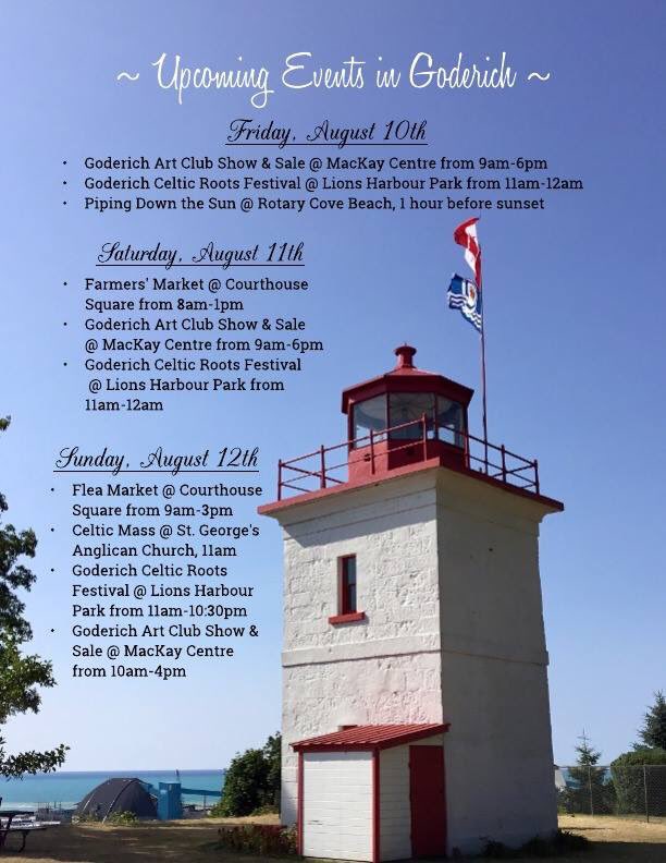 Hope everyone has a great weekend! ☀️🎶🎨 Here are the events taking place in Goderich: