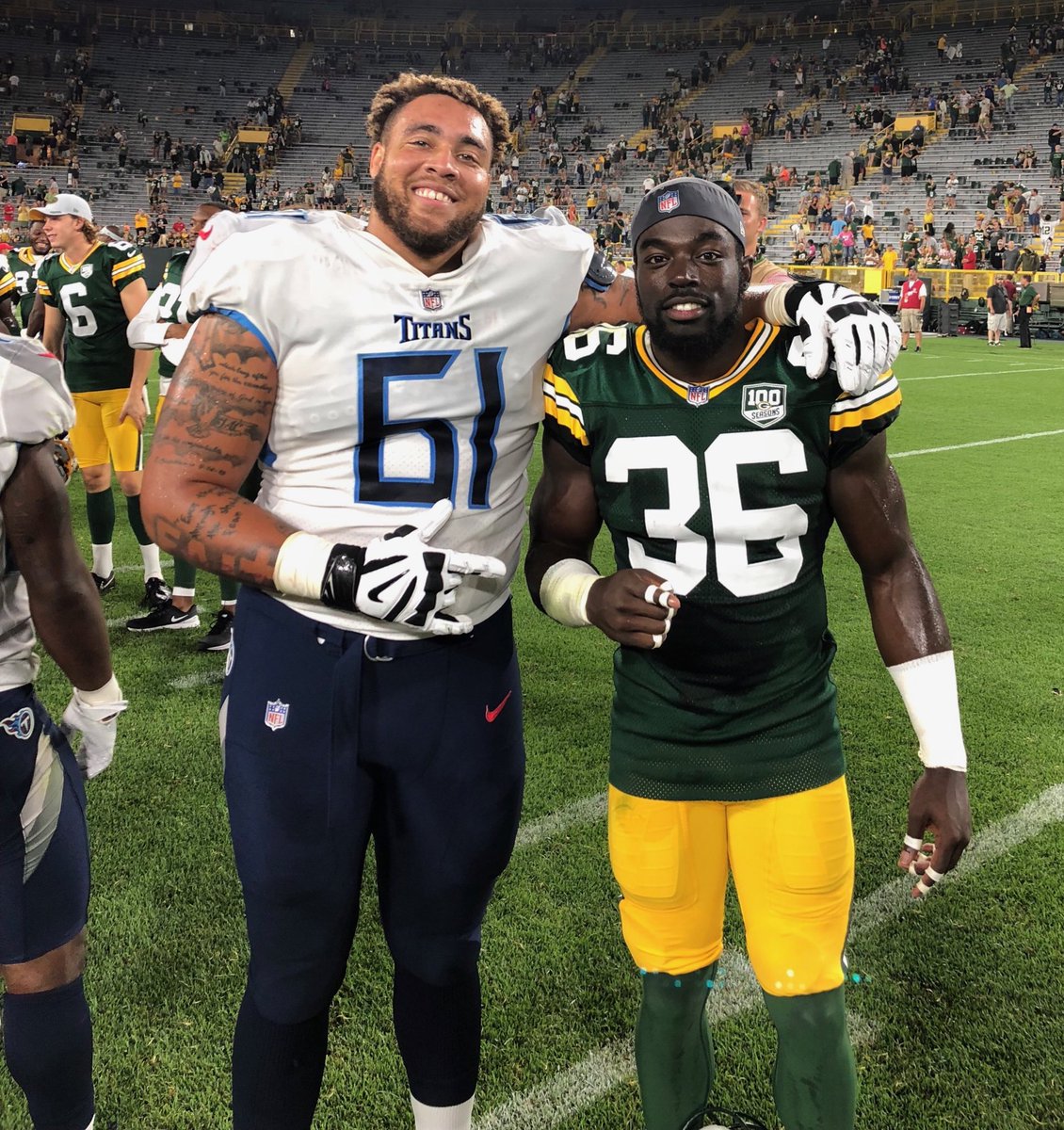 Last night, our guys <a href="/LIL_STINNIE/">Aaron Stinnie</a> and <a href="/RaayGreene/">Raven Greene</a> lined up on opposite sidelines for their first NFL preseason game at historic Lambeau Field! #GoDukes