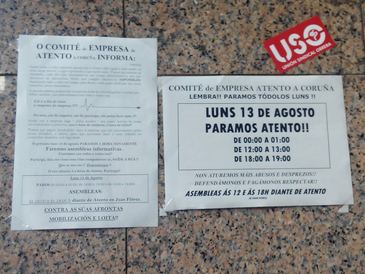 USOestatAtento's tweet photo. Continúan los paros de una hora todos los lunes en @AtentoCorp Coruña convocados por el comité de empresa, por la situación de #Acoso #Despidos #Sanciones injustificadas que se viven en el centro de trabajo #USOenLucha https://t.co/5NxjEEikjn