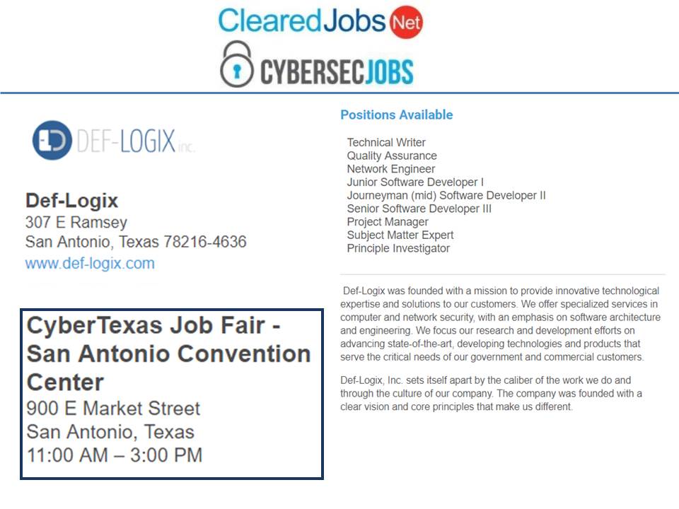 sailordoc's tweet photo. Check out the #cyber positions @DefLogix will be looking to fill at the #CyberTX job fair Aug 14th in SATX. Reg info: https://t.co/8b2Z4Tfnf7 https://t.co/3nGJUvzKwo