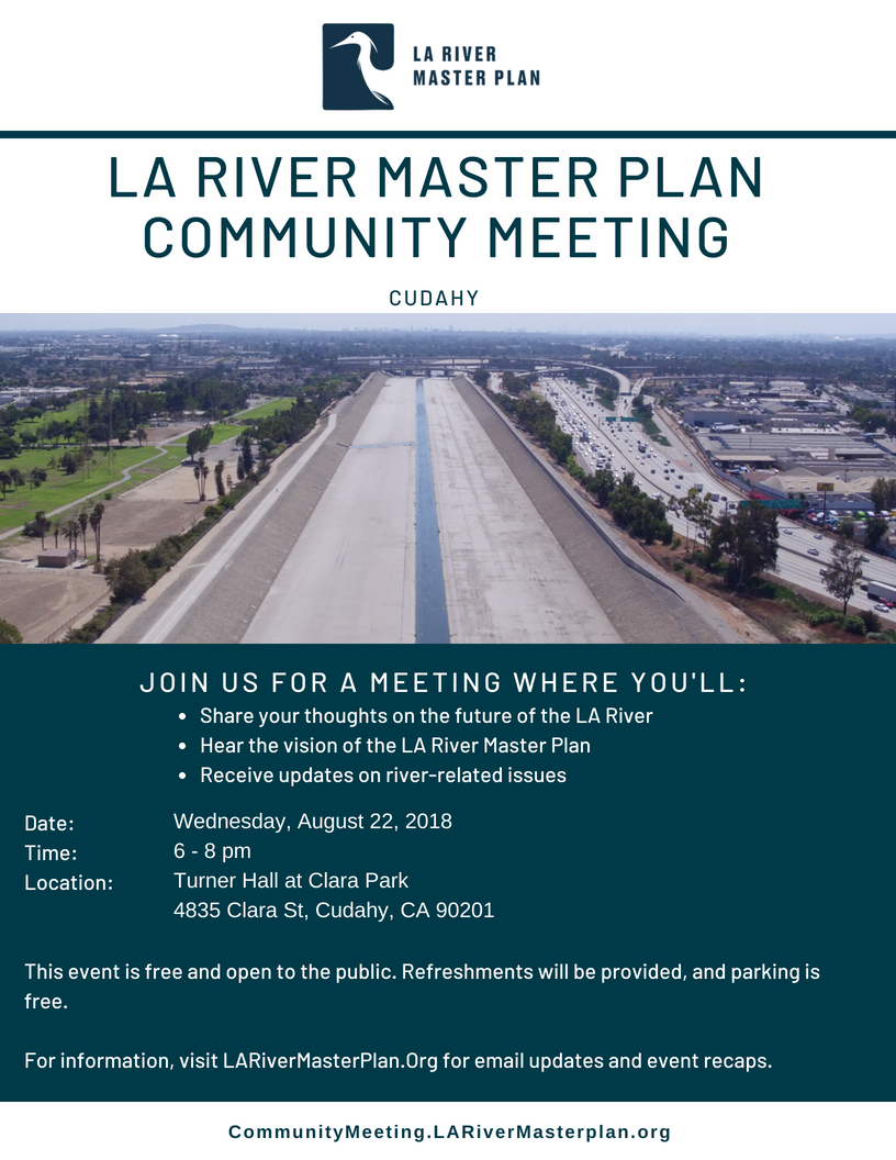 HildaSolis's tweet photo. Save the Date for @CountyofLA's Community Meeting in @CityOfCudahyCA at Turner Hall at Clara Park on Wed, Aug 22 from 6-8 pm. Visit https://t.co/B2T4pZsswj for more info. #LARiver #ReimagineTheRiver https://t.co/GspJJj1a9P