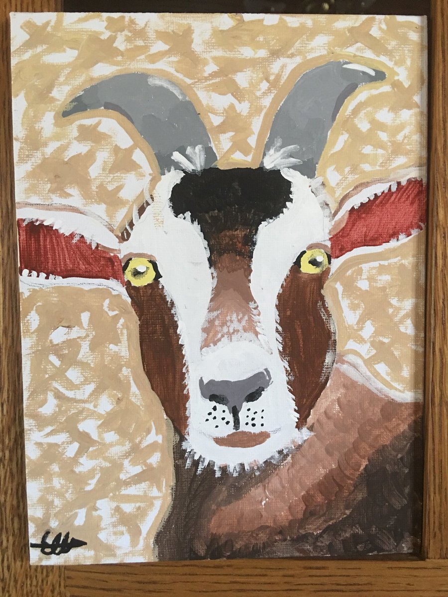 LynneRennie1's tweet photo. We get a kick out of the goats @cityofcalgary is using to keep urban hillsides tidy! They inspired this awesome portrait (goatrait?) by my 11-year old #goatsatwork #kidart https://t.co/5bxoPm9EEn