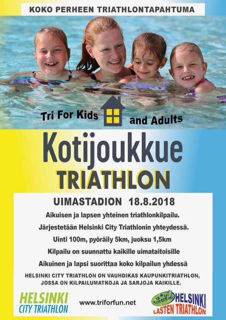 Helsinki City Triathlon 18.8 Uimastadionilla.

Ilmoittautuminen 11.8 mennessä!

Helsinki City Triathlon

Lasten Helsinki Triathlon 

Aikuinen&amp;lapsi sarja

Helsinki City Triathlon on upea, rentohenkinen kisa niin triathlonin ensikertalaisille kuin kokeneillekin konkareille.