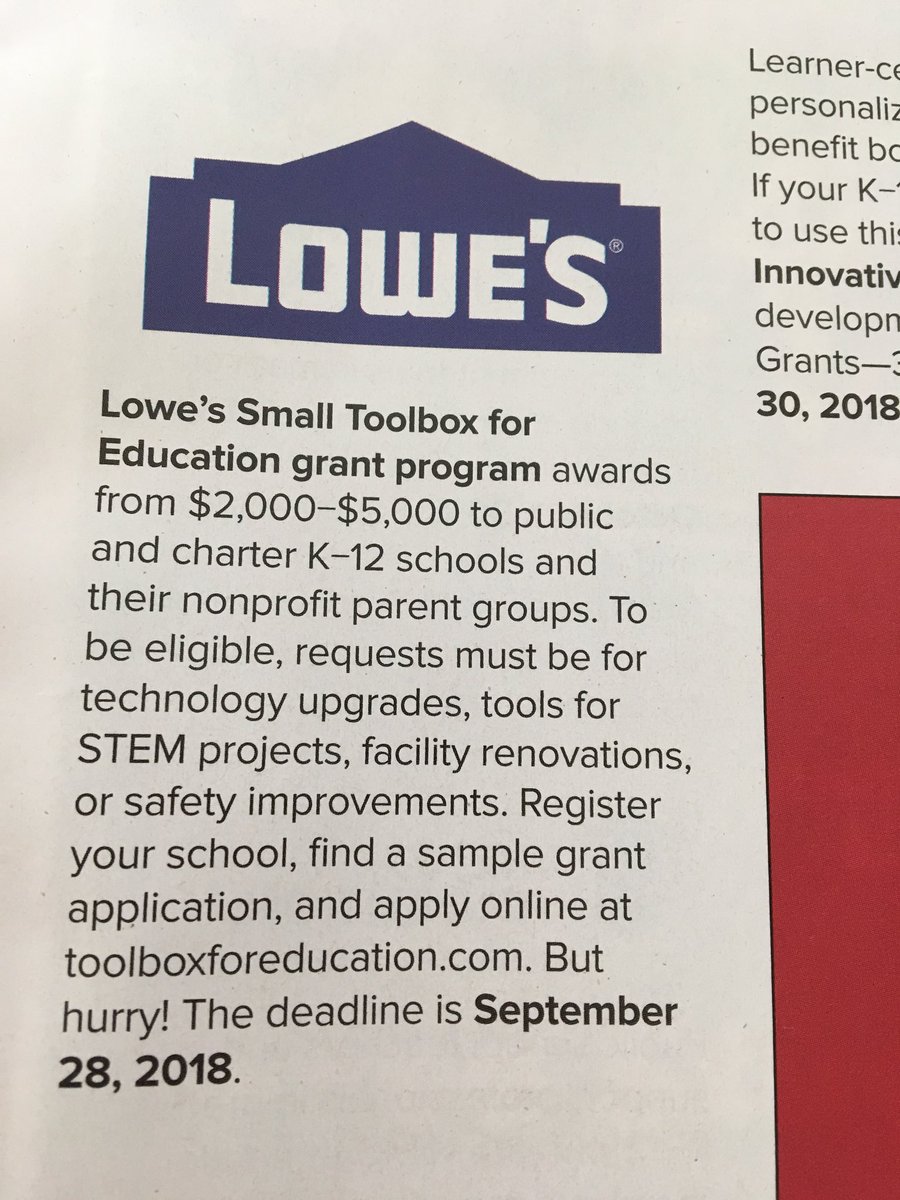 TraciPiltz's tweet image. Check this out! @Lowes offers a Small Toolbox for Education grant program for tech upgrades &amp;amp; other things related to STEM. Thanks for sharing, @BonniR92 ! toolboxforeducation.com @BillingsSchools @BPSTIS #BPSTILT