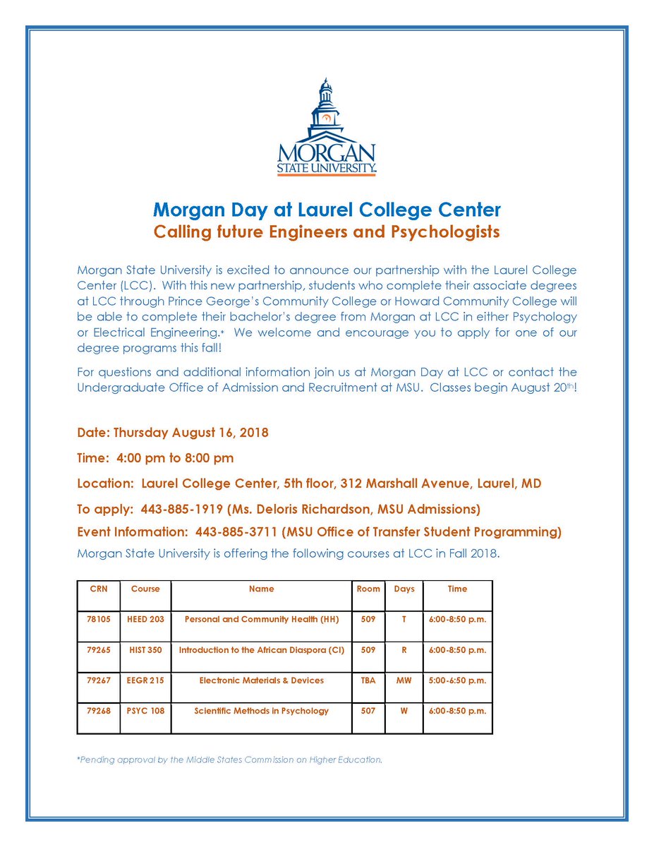 LaurelColCtr's tweet photo. @MorganStateU &amp; Laurel College Center are Calling for All Future Engineers &amp; Psychologists. 
Meet with Morgan State University reps on MSU Day at LCC!!!
August 16th, This Thurs.  4:00pm-8:00pm 5th flr student lounge #LCCMSU #MSUDAY #Engineering #Psychology https://t.co/0SvICP0Mqw