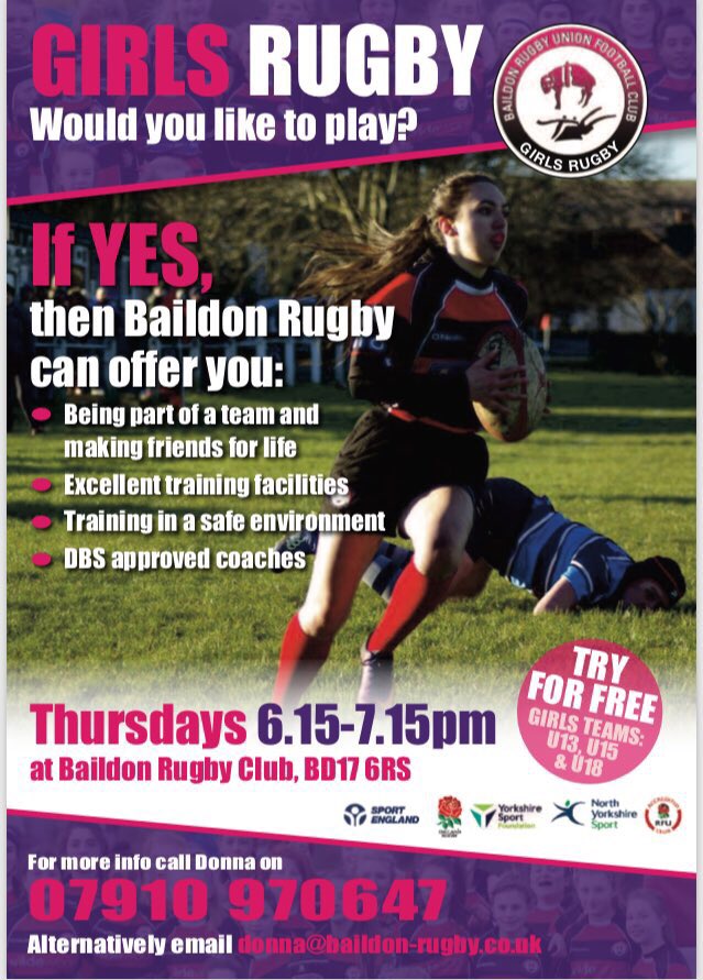 Baildon girls always welcomes new players....come and give rugby a try ! Training has started...Every Thurs 6.15-7.15 😉<a href="/BaildonGirls/">Baildon Girls Rugby</a> <a href="/BaildonRUFC/">Baildon RUFC</a> #thisgirlcan #westisbest #rugbywomen