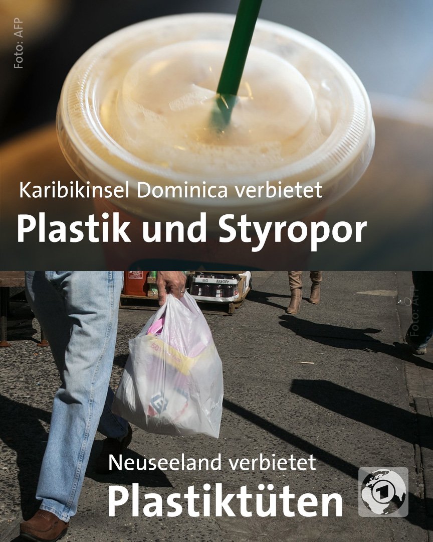 tagesschau's tweet photo. Immer mehr Länder sagen den Massen an #Plastikmüll den Kampf an. Plastiktrinkhalme, Plastikteller, Plastikgabeln, Plastikmesser, Styroporbecher und Styroporbehälter sollen in #Dominica verboten werden. Für #Neuseeland ist ein Verbot von Einwegplastiktüten vorgesehen. https://t.co/UMUjxpq3CK