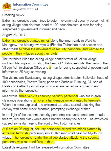 Aug 26, 2017, Breaking News 6Extremist terrorists plant *mines* to deter movement of *security personnel*, kill acting village administrator, head of 100-householdsm, a man for being suspected of *government informer* and *peon*  #MyanmarDetail here  https://bit.ly/2OXHK95&nbsp;