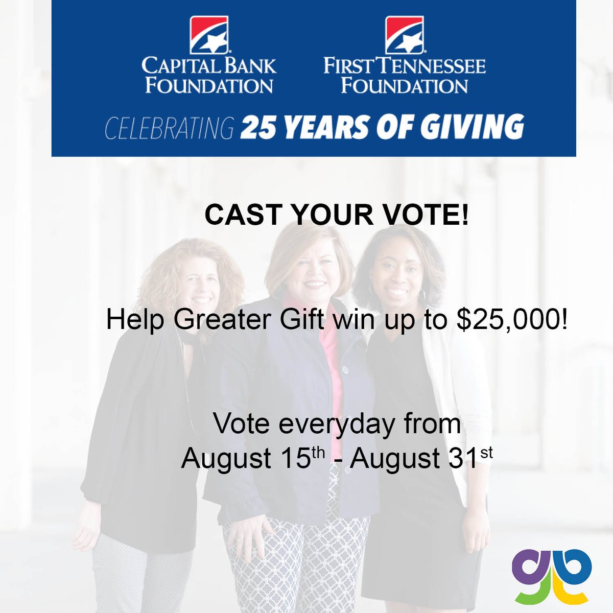 GGIgreatergift's tweet photo. Help Greater Gift win up to $25,000 from Aug 15-Aug 31. Bookmark the link and share with your friends and family to help us raise awareness and celebrate #clinicaltrial participants! #25yearsofgiving https://t.co/IwNF8JgyMH