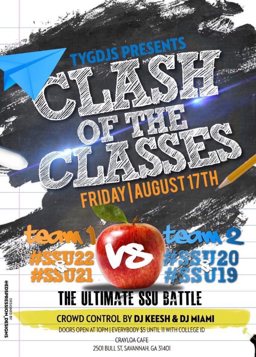 _caseykell's tweet image. #SSU 
Let’s Settle This The Right Way! 
#ClashOfTheClasses 👊🏾
Friday August 17th 
Team 1 ( #SSU22 &amp;amp; #SSU21 )  Vs
Team 2 ( #SSU20 &amp;amp; #SSU19 )

Who will win? Let’s find out who’s the most turnt class. 🧐 
Everyone $5 Until 11pm
Doors Open at 10pm
@ Crayloa Cafe 🔥🔥