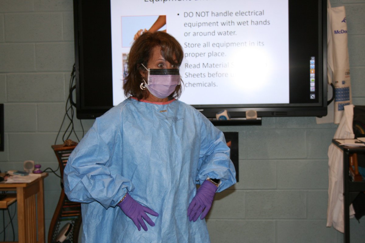 Lorna Golden, a Health Science teacher at Career &amp; Tech Center--West, decided to make her lesson on safety procedures a little more interesting by modeling nursing gear. Students listened.  Students learned.  Golden spent 10 years as a nurse and has also taught biology. #TeamDCS