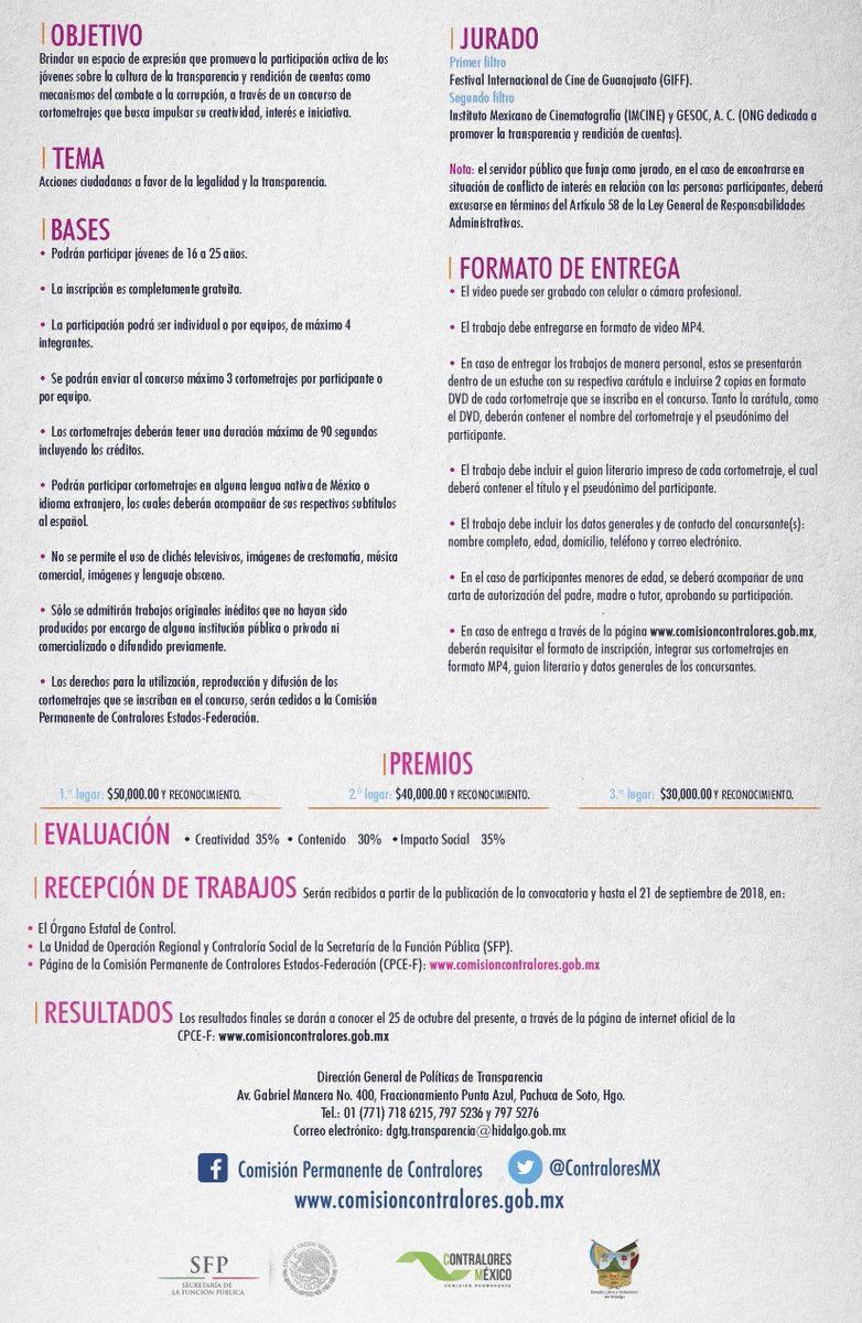 UPPachuca's tweet photo. #BuenViernes

13° Concurso Nacional de Transparencia en Corto "Acciones ciudadanas a favor de la legalidad y la transparencia" Recepción de trabajos hasta el 11 de septiembre de 2018

Informes: Unidad de Promoción y Desarrollo Estudiantil 5477510 Ext 2824

https://t.co/gIW44pgecS https://t.co/J7Kt5Iw63w