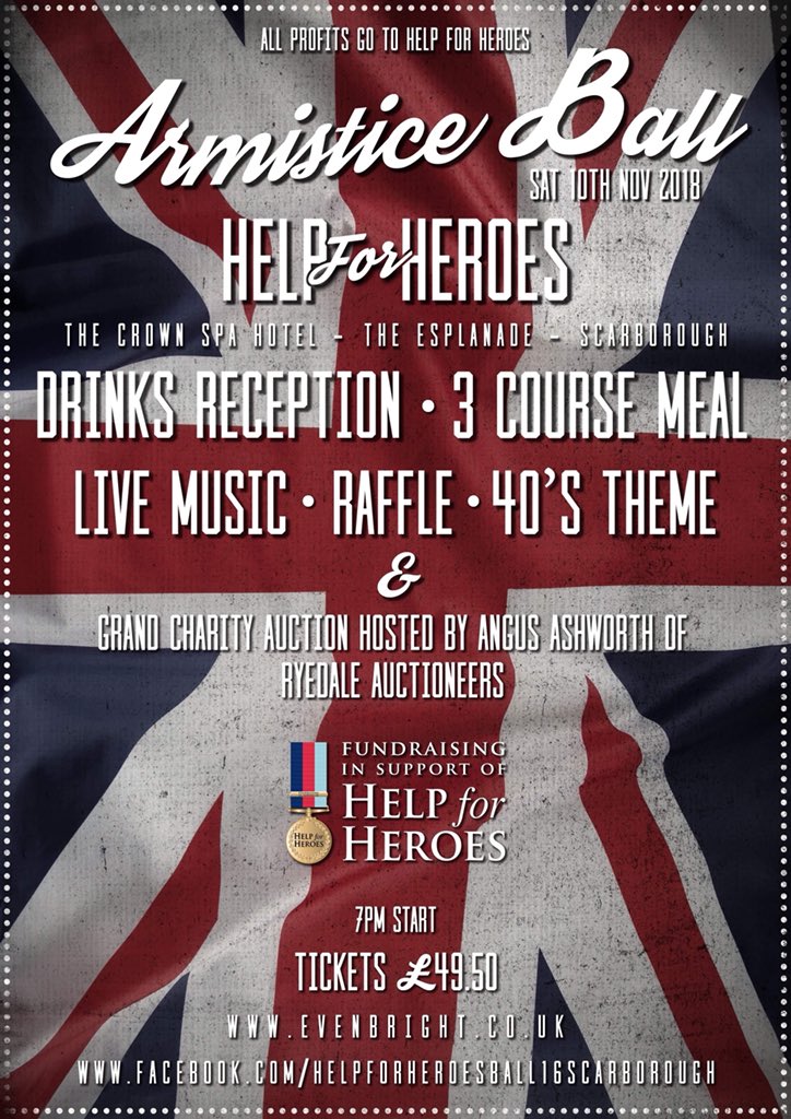 heroesball161's tweet photo. Where will you be? Tickets now on sale. #scarborough @Scarborough_UK  @CrownSpaHotel @ScarboroRetweet @ScarboroughUK #Armistice #centenary #charityball #scaboroughnightout @TheScarboroNews @scarborough_afd @CrownSpa @HelpforHeroes #Scarborough https://t.co/hmUVB6gI8B