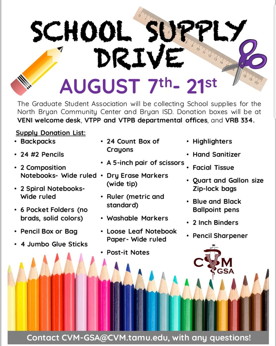 cvmgsa's tweet photo. Local kids need your help! Donate school supplies for NBCC and Bryan ISD now until August 21st. Contact CVM-GSA wih questions https://t.co/158RXPjpB4