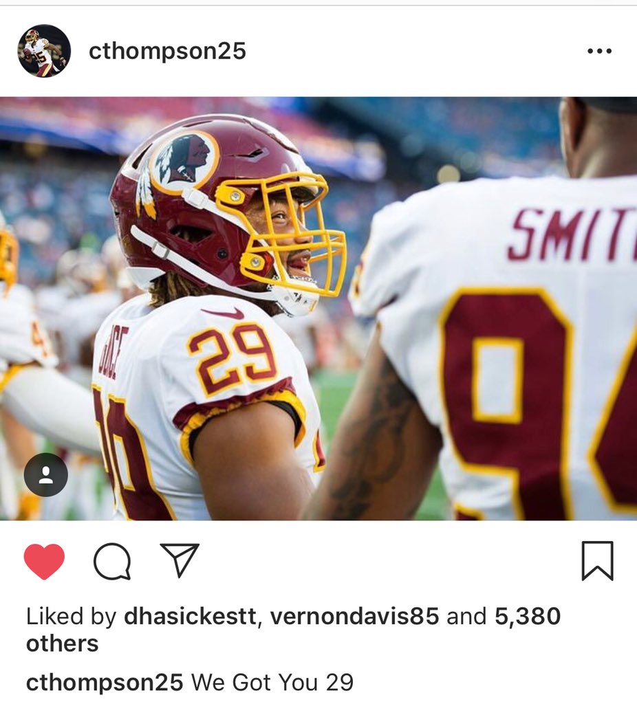 Darren M. Haynes (@darrenmhaynes) on Twitter photo MAN THIS IS LOVE!!!
#Redskins Running Back Core reacts to Derrius Guice (<a href="/DhaSickest/">DG</a>) season ending ACL injury.
“Small thing to a giant” - <a href="/Fatrob32/">robert kelley</a>
“We got you 29” - <a href="/ChrisThompson_4/">Chris Thompson</a>
“Bounce back bout to be crazy. Rest up 29” - <a href="/samajp32/">samaje perine</a>
@Redskins <a href="/wusa9/">WUSA9</a> MAN THIS IS LOVE!!!
#Redskins Running Back Core reacts to Derrius Guice (<a href="/DhaSickest/">DG</a>) season ending ACL injury.
“Small thing to a giant” - <a href="/Fatrob32/">robert kelley</a>
“We got you 29” - <a href="/ChrisThompson_4/">Chris Thompson</a>
“Bounce back bout to be crazy. Rest up 29” - <a href="/samajp32/">samaje perine</a>
@Redskins <a href="/wusa9/">WUSA9</a>