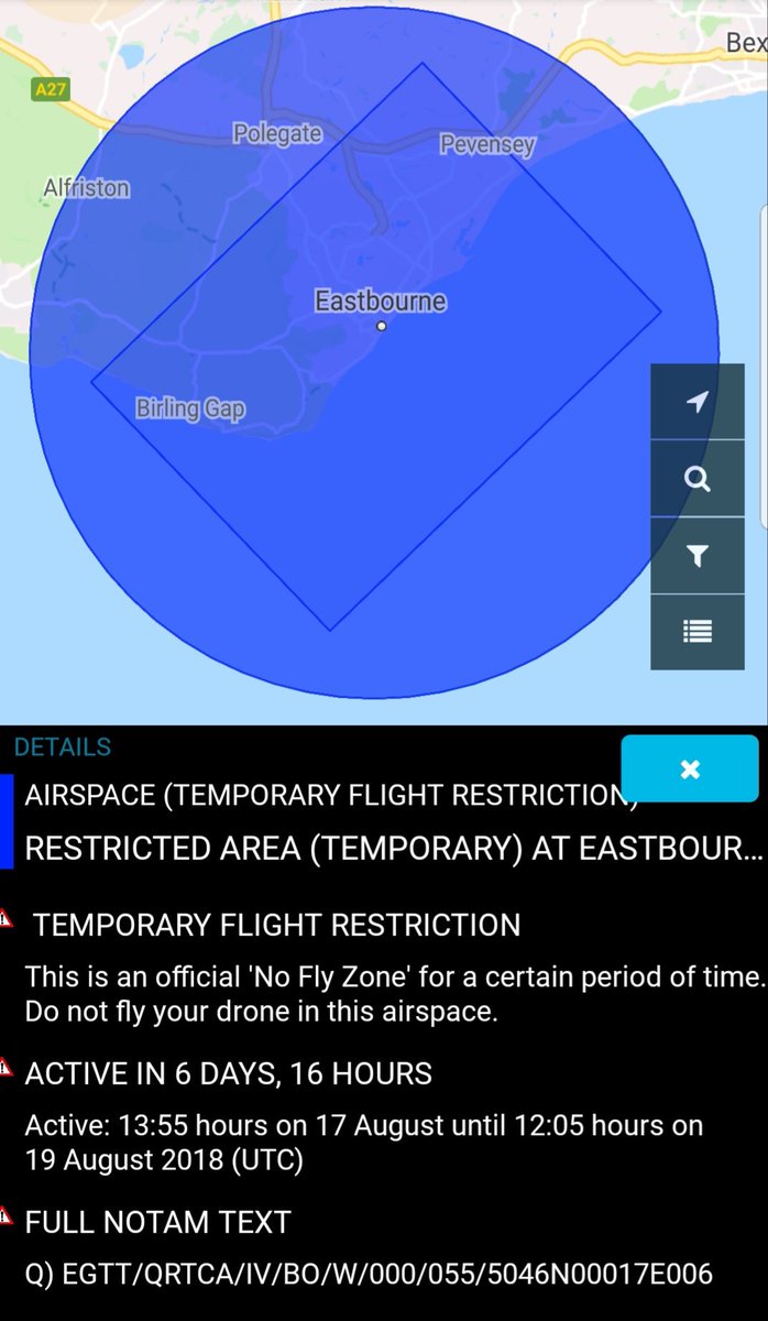 Temporary flight restrictions in place over Eastbourne from 17th August due to <a href="/EB_Airshow/">Eastbourne Airshow</a>. 

NO drone flying is permitted during the dates/times shown in the screenshot.