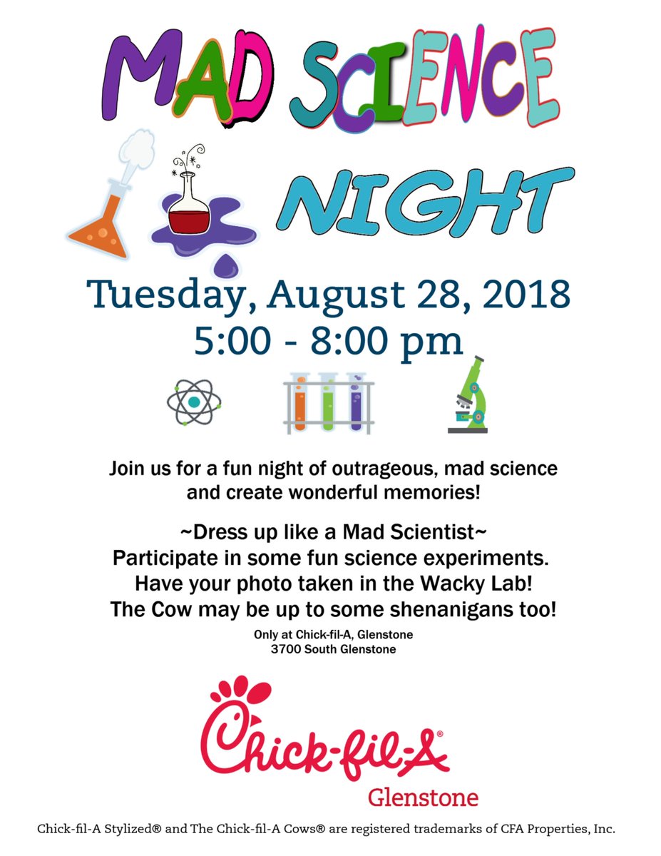 glenstonecfa's tweet photo. Don't miss this!  Mad Science Night at Chick-fil-A, Glenstone, Tues Aug 28, 5-8 pm - See attached flyer! https://t.co/eEvJh2fnYM