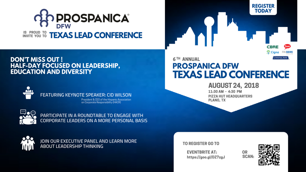 prospanicadfw's tweet photo. #ProspanicaDFW 2018 #TX-LEAD event is happening on August 24 @ #YumBrands. Register now! https://t.co/mX79TxWPrs https://t.co/2zvaDliNmn