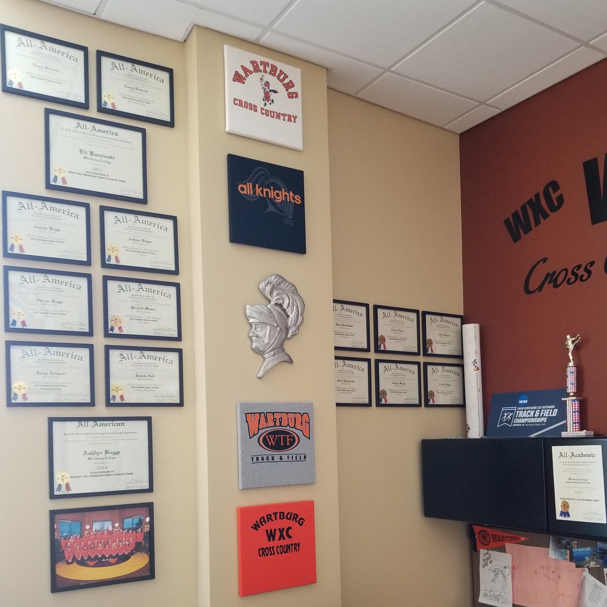 RUNWARTBURG's tweet photo. All-American certificates are in and up on the wall. 2 years and 16 All-American performances! What's next for 2018-2019??!  #WXC #WXCTF #needmorewallspace https://t.co/QvalEAfddo