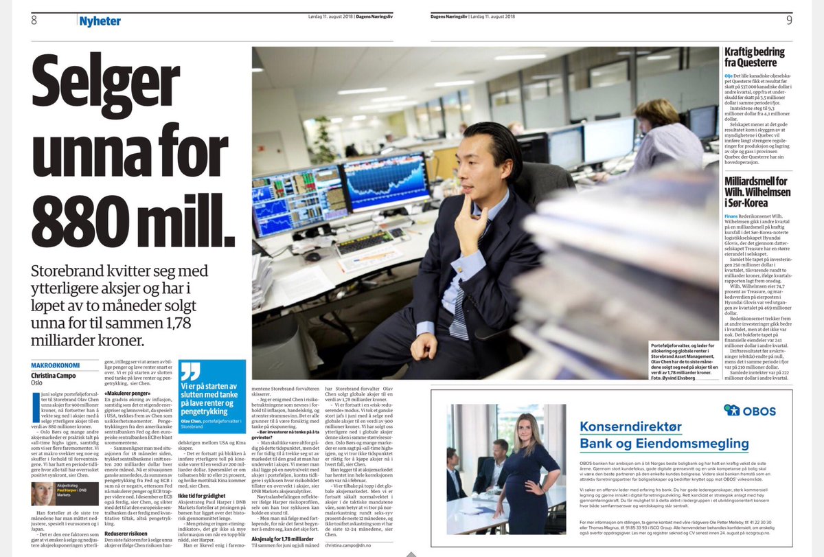 olavchen's tweet photo. DN papir lørdag. Vi solgte videre unna globale aksjer tidligere denne uken og går enda nærmere en normalvekt i aksjer #aksjer #normalvekt @DN_no @storebrand_no @PaulHarper2 https://t.co/qz4pkFmXE8