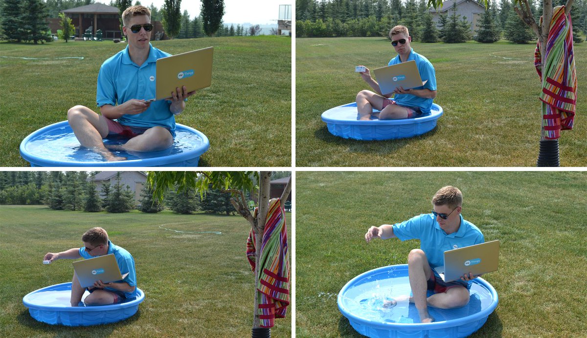 mcThings_iot's tweet photo. It seems as though the mcThings HQ is currently making it's closest pass to the sun! Here's a picture of our CEO beating the heat &amp; using the #mcSense420 to see if we've set a new #temperature record &amp; #monitor the water levels in his kiddie pool. #iot #tech #workhardplayhard https://t.co/FkaDyVQn8N