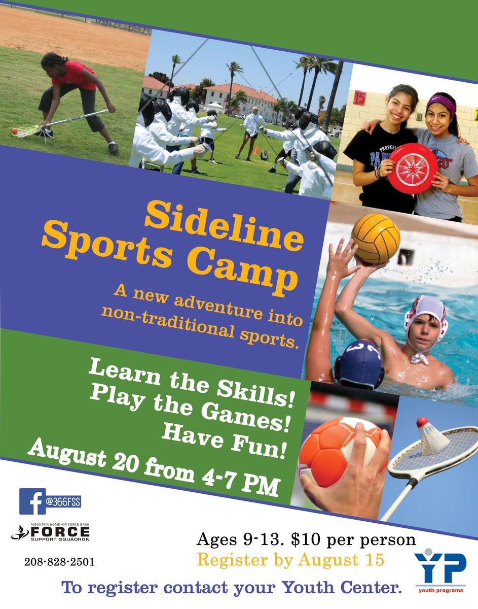 366FSS's tweet photo. Play sports like ultimate frisbee, badminton, fencing, and more. August 20 - 24 from 4 - 7 PM each day. This camp is open to ages 9 - 13 and only costs $10. Register by August 15. https://t.co/yXThsCA1Py