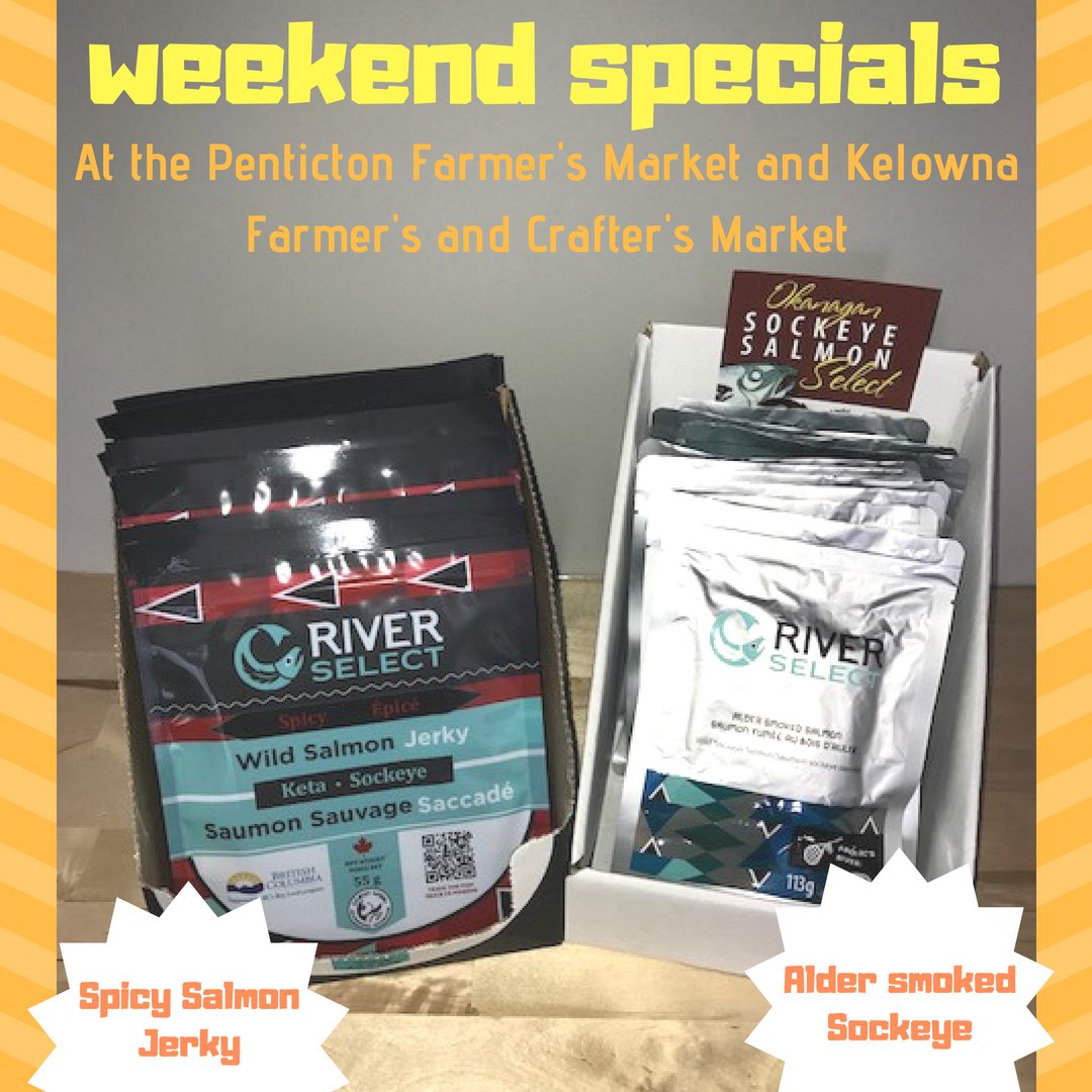 Weekend Specials:
Alder smoked Sockeye $8 ea or 3/$22 
Spicy Salmon Jerky $7 ea or 2/$12 
Find us at the Penticton Farmer's Market in front of city hall or at the Kelowna Farmer's and Crafter's Market by the garbage bins
#OkanaganSelect #Salmon #FarmersMarket #Okanagan #EatLocal