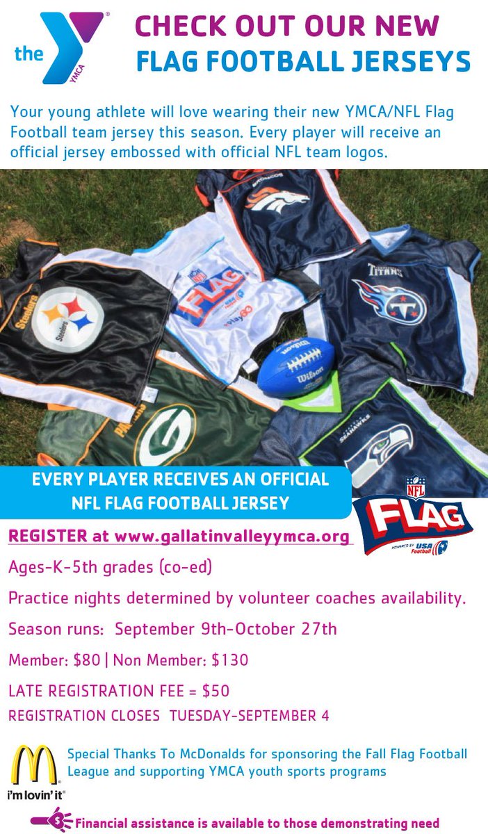 It's Fall Flag Football Time! Register today at gallatinvalleyymca.org and your young athlete can be wearing one of these ultra cool NFL jerseys this fall.