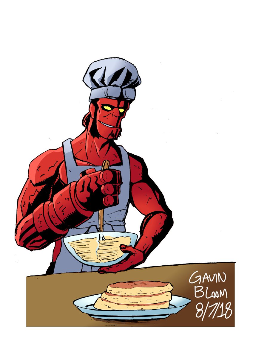 brasstaels's tweet photo. #CSGWeek25 #FoodFriday Did a drawing of Hellboy makin' pancakes! Used my good ol' calligraphy pens for this one, then colored digitally. Mighta made the Right Hand of Doom a little small. Good thing I added the horns though, almost forgot about em! 🤣 https://t.co/WzURXthB0q
