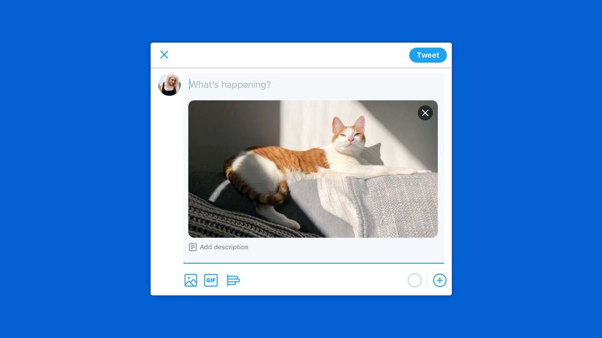 A screen shot of the Tweet composer on mobile.twitter.com showing the new “Add description” option under an attached photo of a sleepy cat relaxing on the couch in a spot of sunshine.