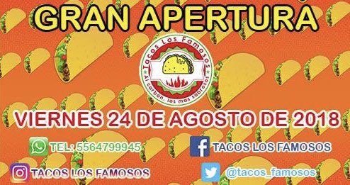 tacos_famosos's tweet photo. Gran apertura de @tacos_famosos en #LosReyesLaPaz #TacosAlCarbón #Bistec #Pollo #Chorizo #Obispo #AlCarbón próximo vienes 23 de agosto ¡Te esperamos! ¡No faltes! #FelizViernes 🌮🔥 https://t.co/xFCiENMJkz