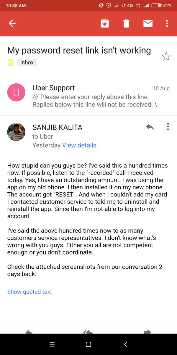 sanjibkalita077's tweet photo. @Uber sucks! Mockery in the name of customer service. Learn to support customers else they'll switch to @Olacabs. 4 days my login issue still unsorted. https://t.co/6nCT5WXZaH