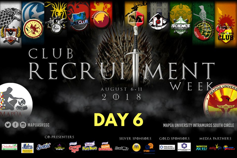 MapuaSHSSC's tweet photo. THE WAR IS ALMOST OVER

Today's the last day of the Club Recruitment Week. Better take advantage of that free time you have before going back to your normal academic lifestyle.

#ClubRecWeek2018
#MapúaSHS1819
#FirstDayHigh2018 https://t.co/4PcBYMt6EI