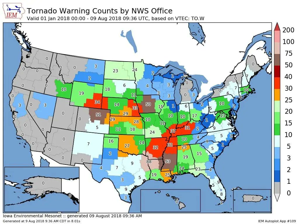 MattMakens's tweet photo. 3rd most tornado warnings this year have been issued by our local @NWSBoulder office. This map shows the number of warnings issued by office/region this year. https://t.co/20nsCE83O1