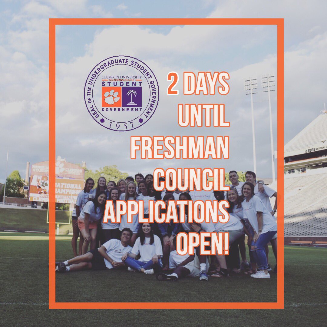 MYCUSG's tweet photo. 🚨ATTENTION CLASS OF 2022!🚨
There are only 2 days until the Freshman Council application opens up!! Freshman Council is an entry level @MYCUSG position where freshman receive leadership development training and learn more about @ClemsonUniv throughout the year! #FROCO #Clemson22 https://t.co/nxpyJ1MIOk