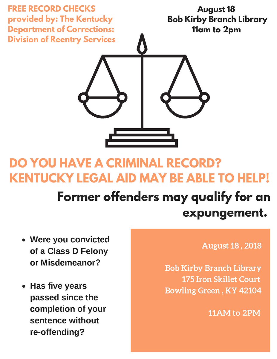 KYCleanSlate's tweet image. Free expungement event in Bowling Green, Kentucky, on Sat. August 18th from 11am - 2pm at the Bob Kirby Branch Library. Lawyers will be at the event to help community members learn if they are eligible for expungement.
