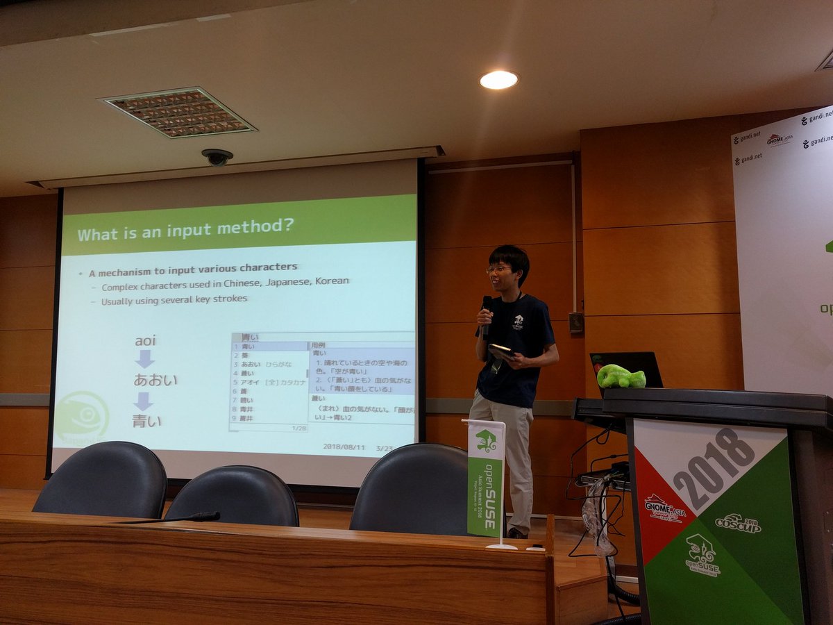 openSUSE's tweet photo. We have great talks today at #openSUSE.Asia in rooms 201 and 304! @ftake is speaking about what is necessary for the next #input method at room 201 🤔 #COSCUP2018 https://t.co/N8fC5HSagF