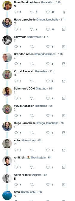 rsalakhu's tweet photo. This is what happens when my 6-month old kid grabs my phone and accidentally types in 'N' into twitter -> new trend: 1-character tweets! https://t.co/DOzVLxiKlC