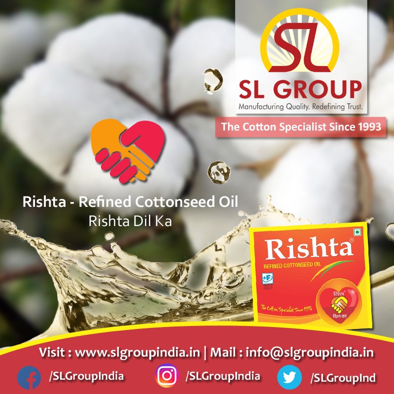 SLGroupInd's tweet photo. Rishta Refined Cottonseed Oil By SL Group India.
"Rishta Dil Se"
#CottonSeedOil #Cotton #BCICotton #CottonIndia #CottonOil #CottonCake #CottonExporters #CottonWorld #CottonSeed #SLGroup #SLGroupIndia #RefinedOil #RishtaRefinedOil https://t.co/gC2OsJ6L2x