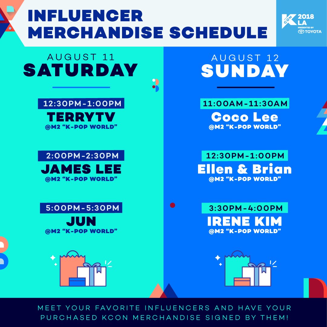 kconusa's tweet photo. Special Guest Influencer Merchandise is here for the first time at #KCON18LA! 🎉 Purchase your merch for a special chance to get it signed by your favorite influencer! 🖊 https://t.co/qShb0t4H7K … #TerryTV @jamesjoohyunlee @JunCurryAhn @rilaccoco_ @EllenxBrian @ireneisgood https://t.co/40y1EkwnZT