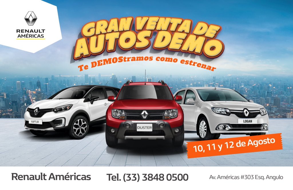 americasrenault's tweet photo. Te demostramos cómo estrenar! Gran Venta de Autos Demo este 10,11,12 de Agosto. Ven a Renault Américas y compruebalo. #autosdemo #renault #renaultamericas #autos #ventadeautos https://t.co/MS63PfdmHC