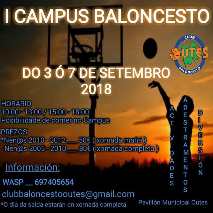 Xa temos todo a puntiño pra que de comezo o "I Campus do Cb Outes".🏀
Non dubides en informarte se estás interesad@. 📱📞💻
Comeza a conta atrás......
Quedan 23 días 
E ti, vas a perdelo 😉
#cboutes #Icampusbaloncesto #xanonquedanada #disfrutandoatope