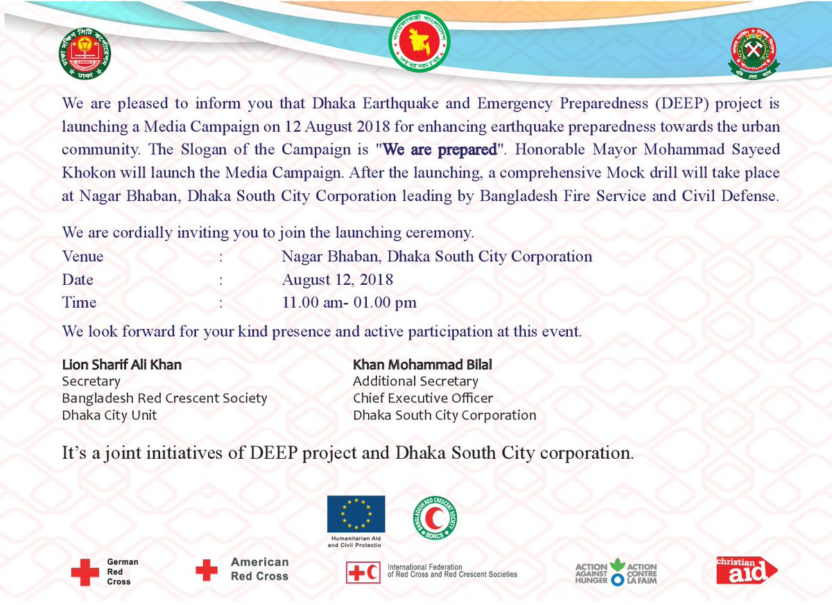 Are we prepared?DEEP project is going to launch a media campaign for earthquake awareness raising.<a href="/ChristianAidBD/">Christian Aid BD</a> is leading the campaign on behalf of DEEP consortium.
#media 
#earthquake #Preparedness #DSCC
#Dhaka
<a href="/christian_aid/">Christian Aid</a> <a href="/ACFBangladesh/">ActionAgainstHunger</a> <a href="/eu_echo/">EU Civil Protection & Humanitarian Aid 🇪🇺</a> @Federation <a href="/BDRCS1/">Bangladesh Red Crescent Society (BDRCS)</a>