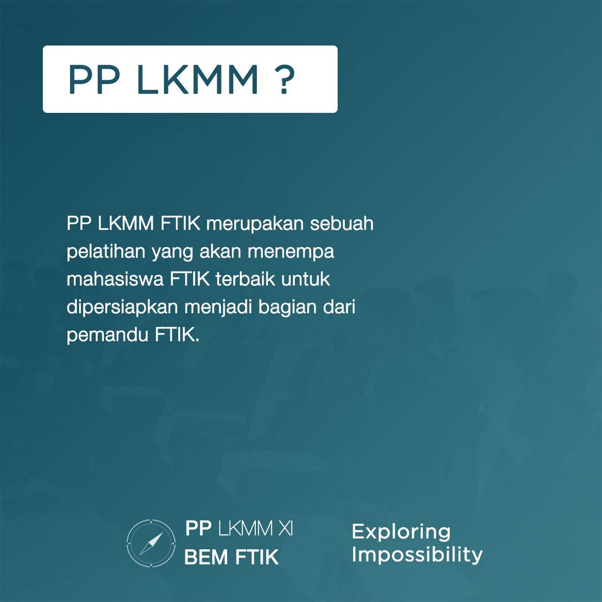BEMFTIK_ITS's tweet photo. PP LKMM XI FTIK akan hadir! π
Ingin mengetahui apa itu PP LKMM dan Pemandu ?
Yuk langsung aja simak info berikut ini! π
Be Dare To Exploring Impossibility !
#comingsoon
#PPLKMMXIFTIK
#BEMFTIK
#ITSSurabaya https://t.co/0ZkjlIXZF4