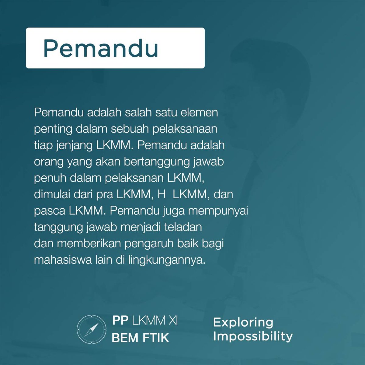 BEMFTIK_ITS's tweet photo. PP LKMM XI FTIK akan hadir! π
Ingin mengetahui apa itu PP LKMM dan Pemandu ?
Yuk langsung aja simak info berikut ini! π
Be Dare To Exploring Impossibility !
#comingsoon
#PPLKMMXIFTIK
#BEMFTIK
#ITSSurabaya https://t.co/0ZkjlIXZF4