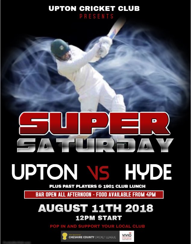 UptonCC's tweet photo. The sun is shining, the covers are off &amp; SUPER SATURDAY is here as we welcome table topping @HydeCC_SC and @appletoncricket 

The 1’s start at 12pm &amp; 3’s start at 1pm

The bars open all afternoon &amp; there’ll be food available from 4pm

Pop down &amp; support your local club https://t.co/kopaQ9gKjY