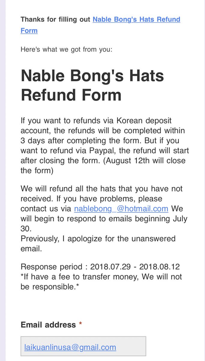 I apologize for being MIA but I haven’t had a break from work and I was just able to fill out the NABLEBONG hat refund form. I will reply to emails after showering in about 1 hour. #CHICkorders